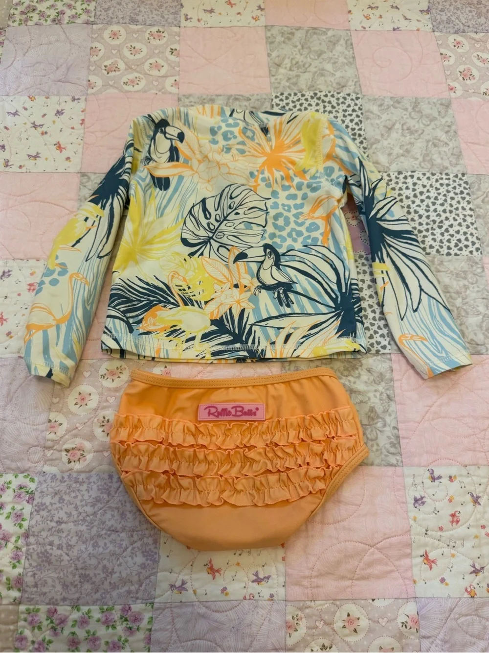 Ruffle Butts Tropical Toucan Rash Guard Set - Yellow, Navy, Peach